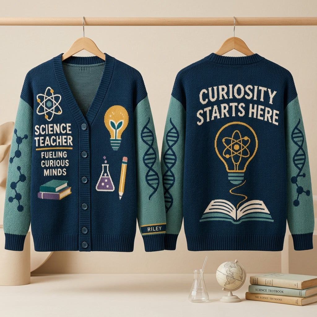 Personalized Science Teacher Curious Minds Knitted Cardigan – Custom Teacher Appreciation Gift - mockup 3