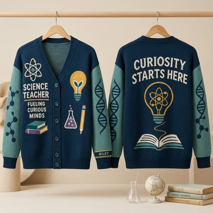 Personalized Science Teacher Curious Minds Knitted Cardigan – Custom Teacher Appreciation Gift - mockup 3
