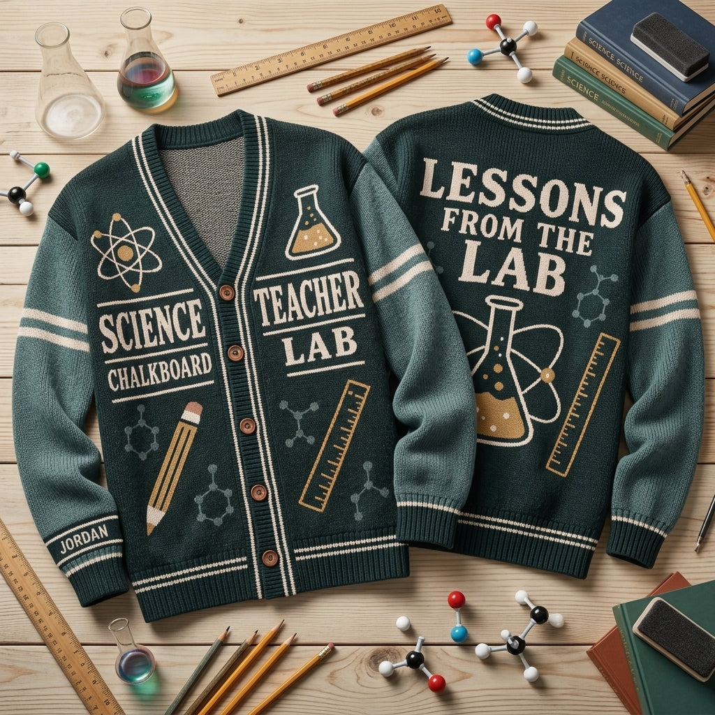 Custom Science Teacher Chalkboard Lab Knitted Cardigan for Educators - mockup 2