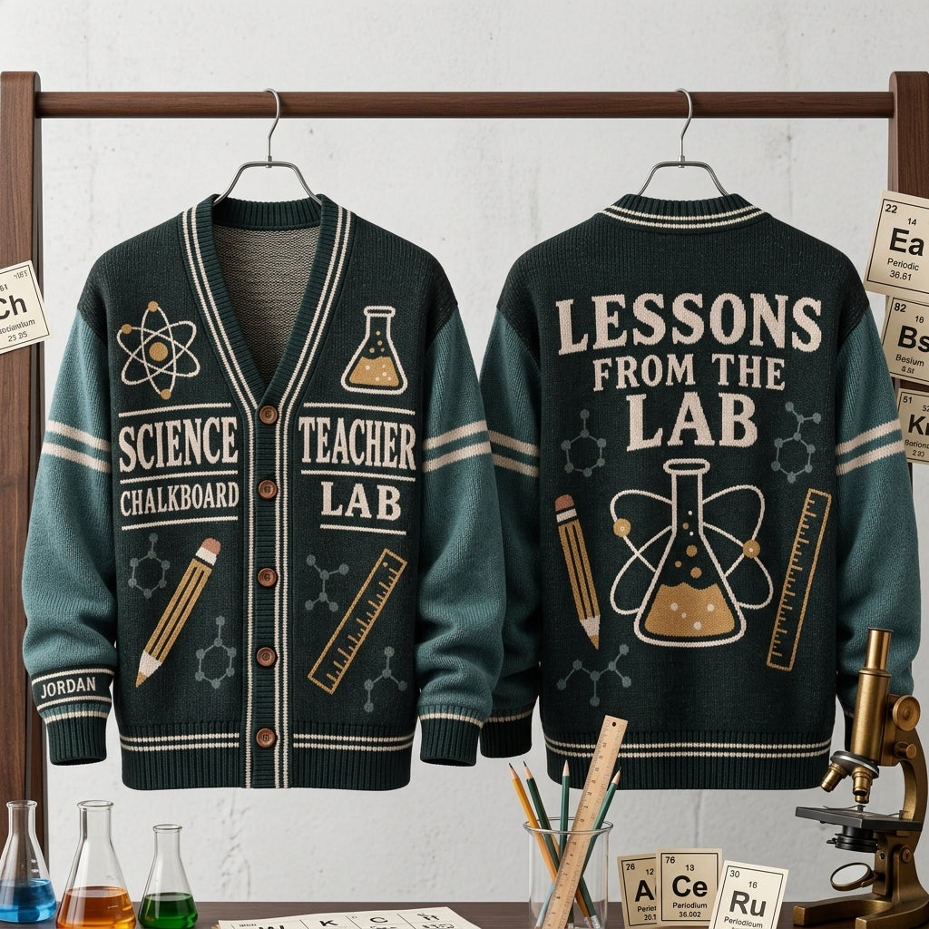 Custom Science Teacher Chalkboard Lab Knitted Cardigan for Educators - mockup 3