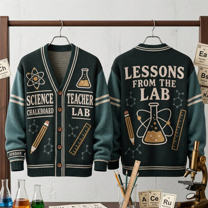 Custom Science Teacher Chalkboard Lab Knitted Cardigan for Educators - mockup 3