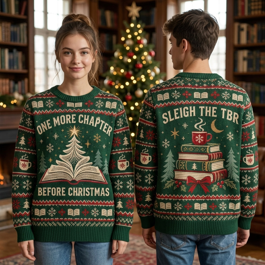 One More Chapter Book Lovers Ugly Sweater – Festive Christmas Gift for Readers - mockup 1
