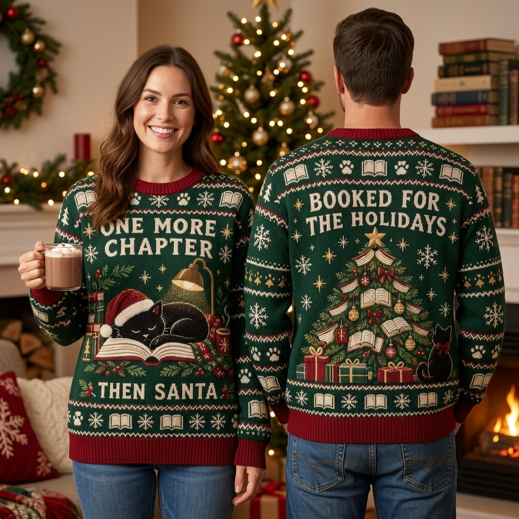 One More Chapter Black Cat Christmas Ugly Sweater - Booked for the Holidays Reading Gift - mockup 1