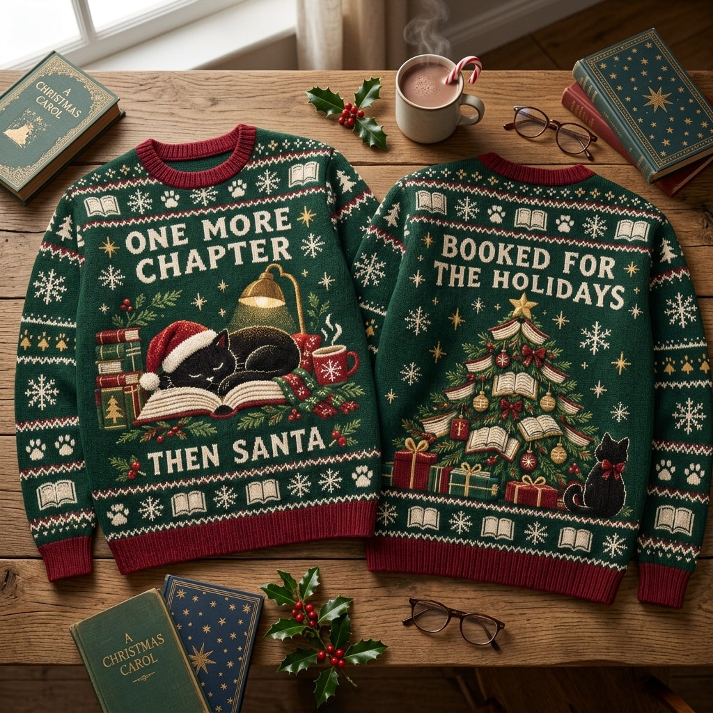 One More Chapter Black Cat Christmas Ugly Sweater - Booked for the Holidays Reading Gift - mockup 2