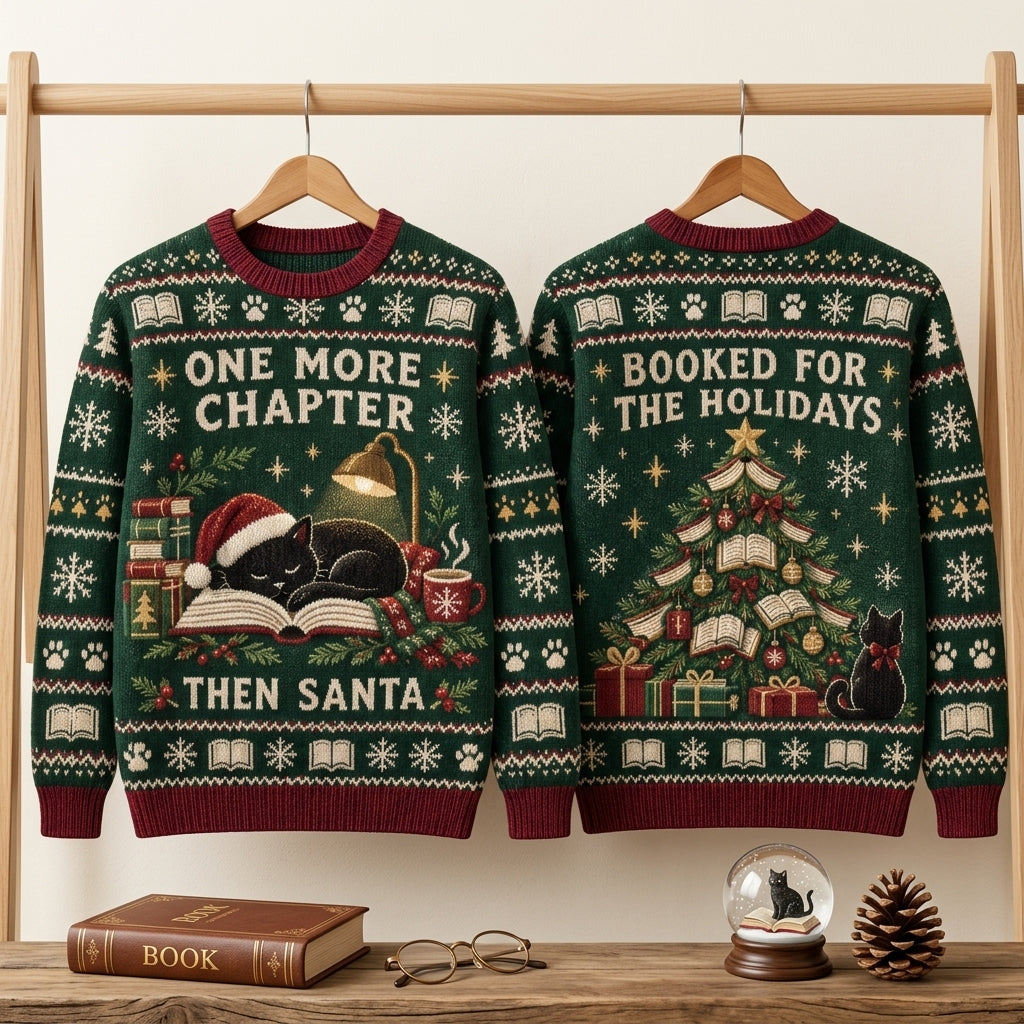 One More Chapter Black Cat Christmas Ugly Sweater - Booked for the Holidays Reading Gift - mockup 3
