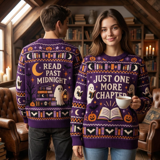 Book Lover Just One More Chapter Halloween Ugly Sweater – Reading Ghost Gift - mockup 1