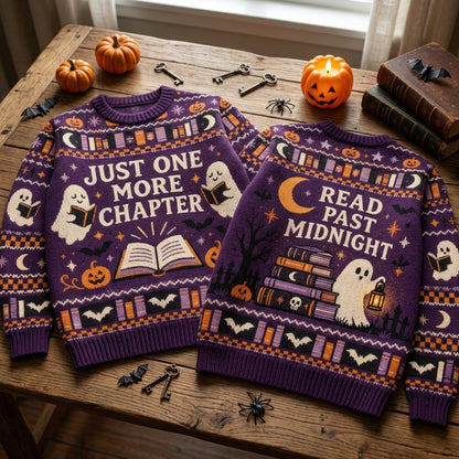 Book Lover Just One More Chapter Halloween Ugly Sweater – Reading Ghost Gift - mockup 2