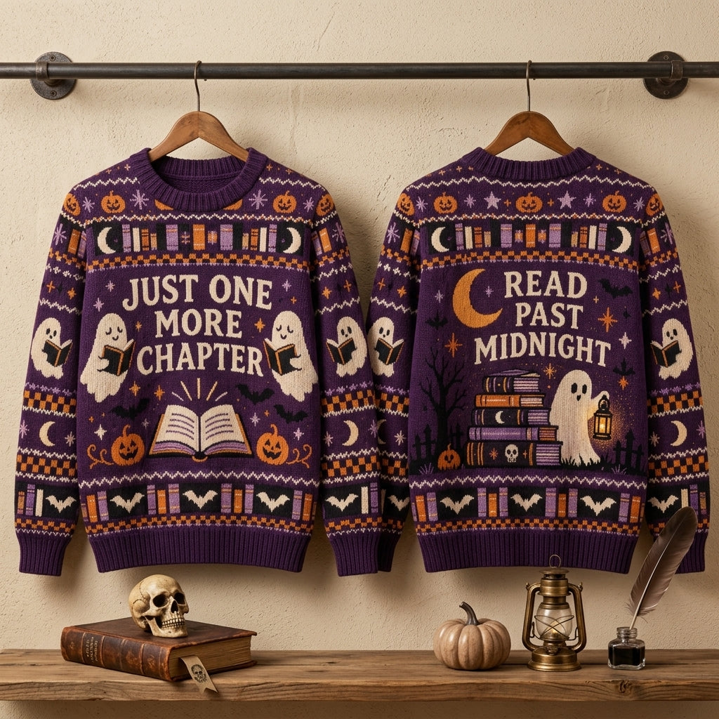 Book Lover Just One More Chapter Halloween Ugly Sweater – Reading Ghost Gift - mockup 3