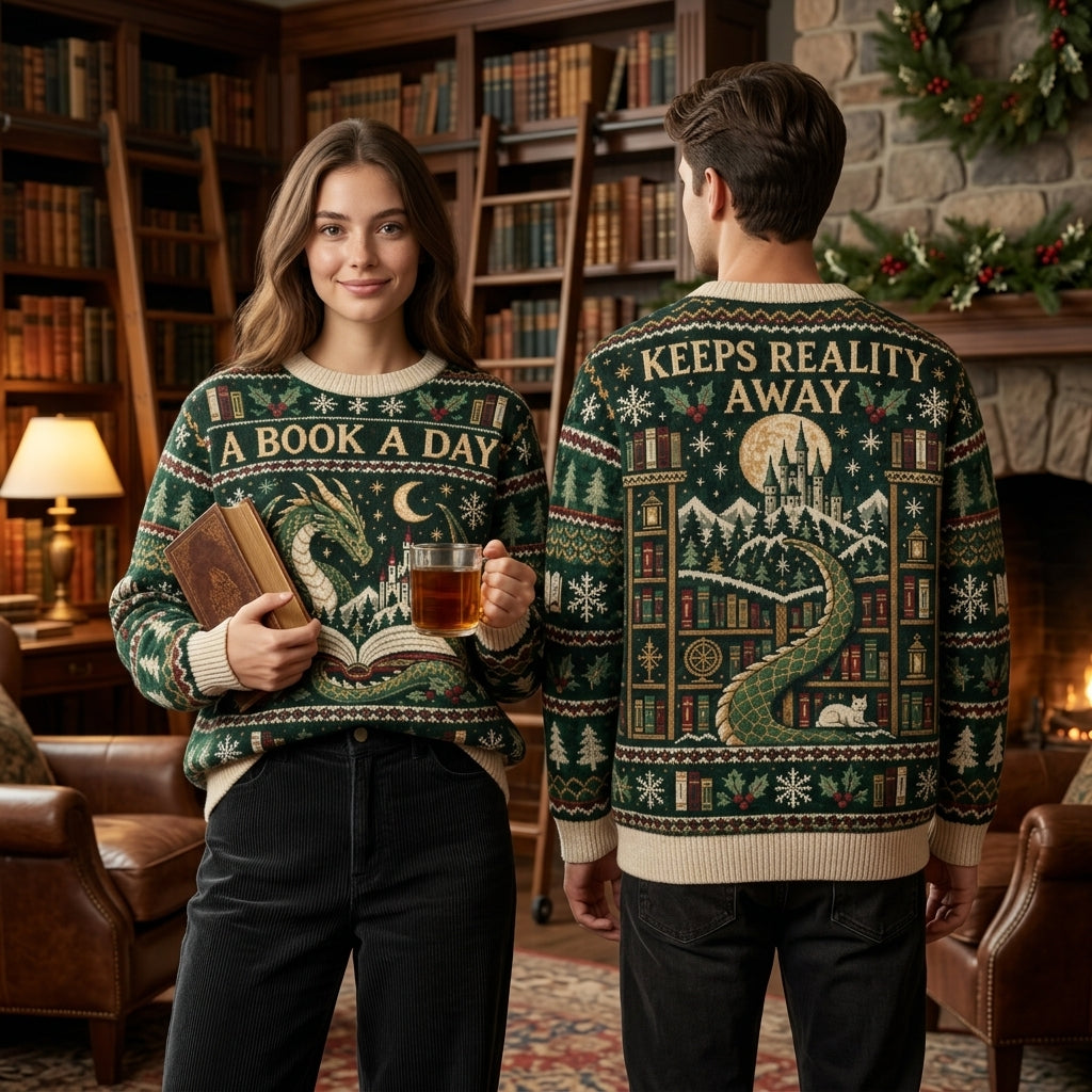 Book Lover Dragon Fantasy Ugly Sweater - A Book A Day Keeps Reality Away - mockup 1