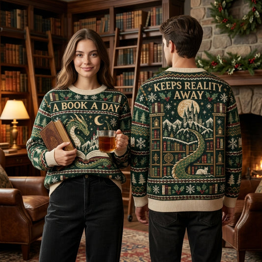 Book Lover Dragon Fantasy Ugly Sweater - A Book A Day Keeps Reality Away - mockup 1