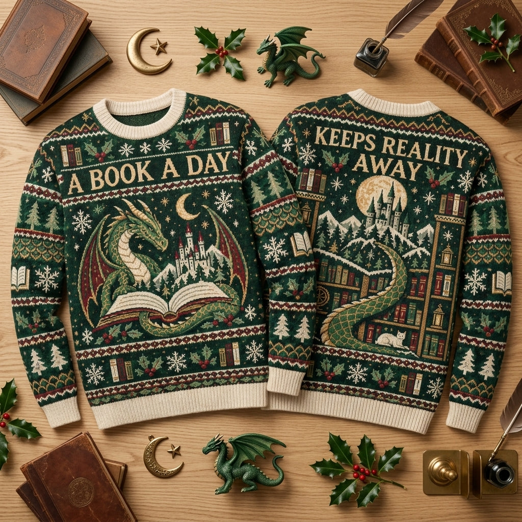Book Lover Dragon Fantasy Ugly Sweater - A Book A Day Keeps Reality Away - mockup 2