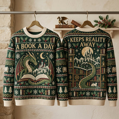 Book Lover Dragon Fantasy Ugly Sweater - A Book A Day Keeps Reality Away - mockup 3