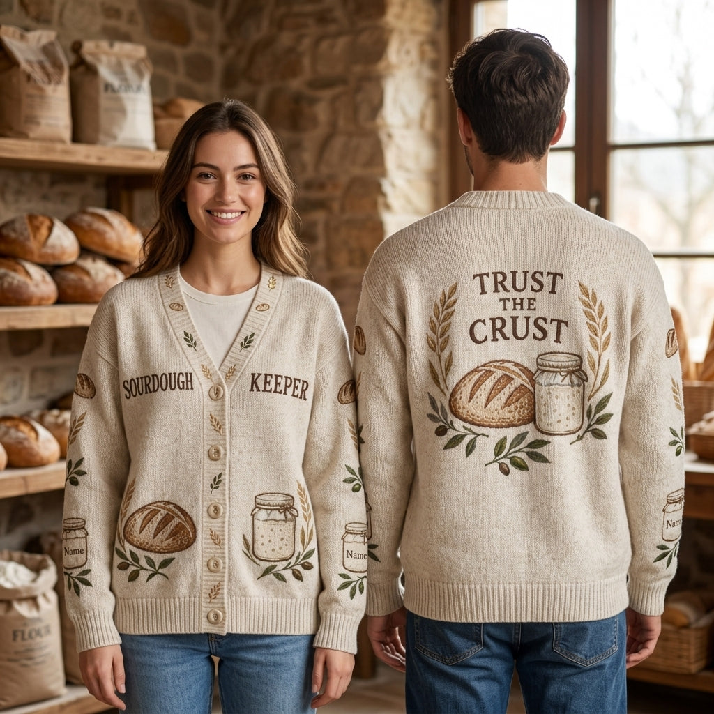 Personalized Sourdough Starter Keeper Knitted Cardigan – Trust The Crust Baker Gift - mockup 1