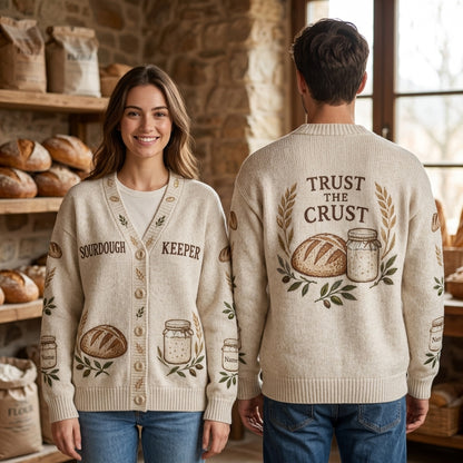 Personalized Sourdough Starter Keeper Knitted Cardigan – Trust The Crust Baker Gift - mockup 1
