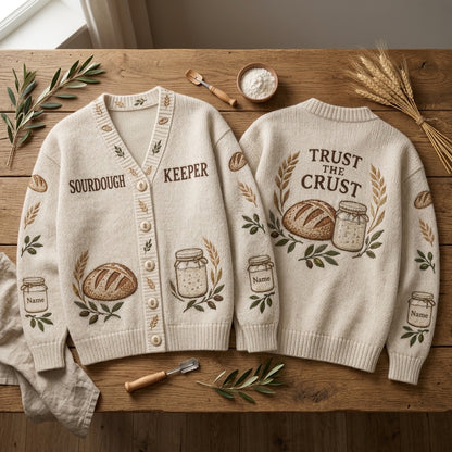 Personalized Sourdough Starter Keeper Knitted Cardigan – Trust The Crust Baker Gift - mockup 2