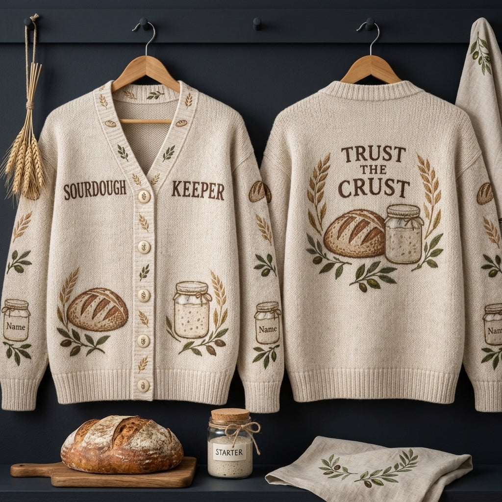 Personalized Sourdough Starter Keeper Knitted Cardigan – Trust The Crust Baker Gift - mockup 3