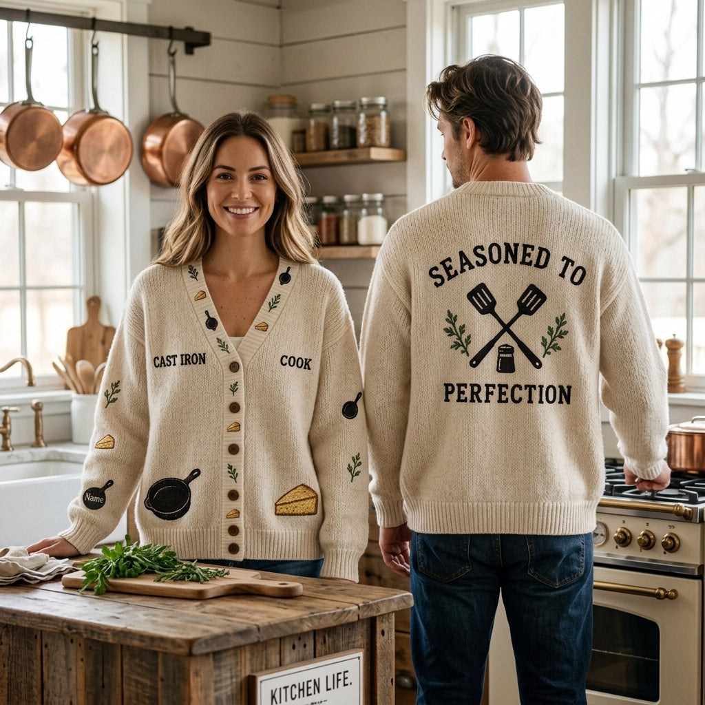 Personalized Cast Iron Skillet Cook Knitted Cardigan – Culinary Gift for Chefs - mockup 1