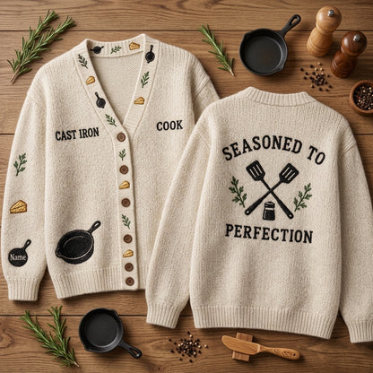 Personalized Cast Iron Skillet Cook Knitted Cardigan – Culinary Gift for Chefs - mockup 2