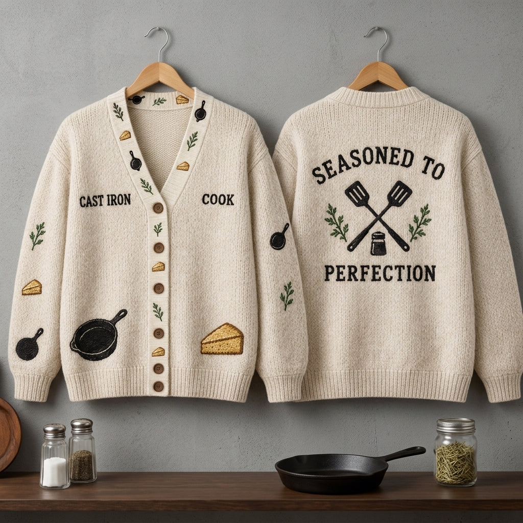 Personalized Cast Iron Skillet Cook Knitted Cardigan – Culinary Gift for Chefs - mockup 3