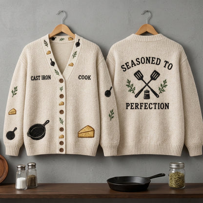 Personalized Cast Iron Skillet Cook Knitted Cardigan – Culinary Gift for Chefs - mockup 3