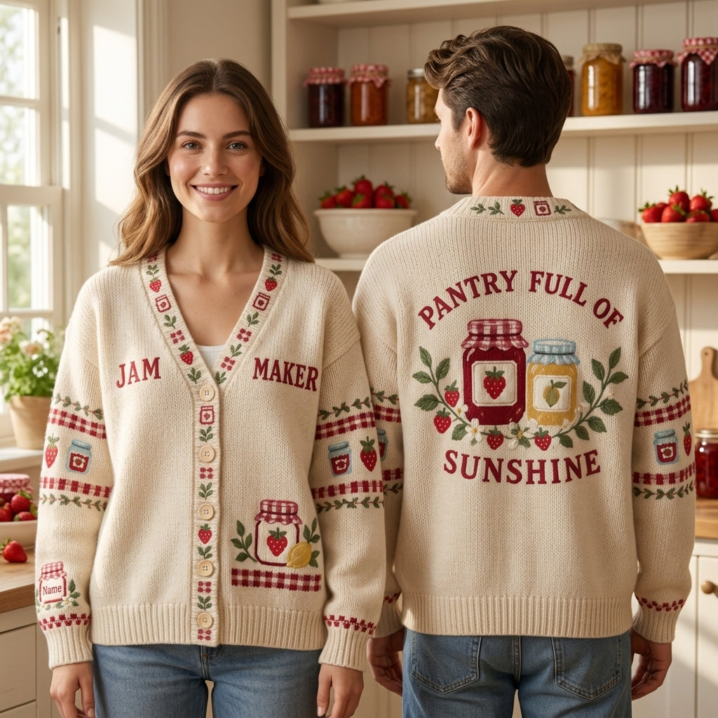 Personalized Jam Maker Home Canning Knitted Cardigan - Pantry Full of Sunshine - mockup 1