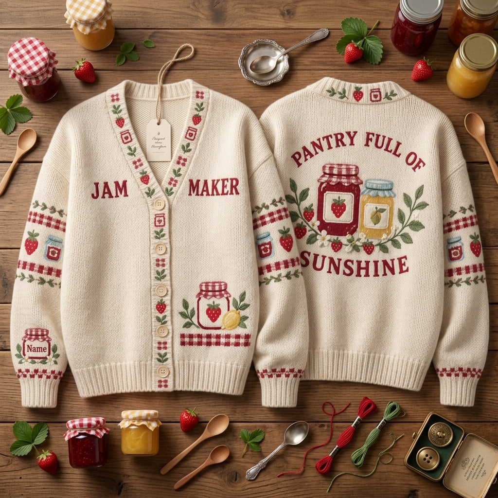 Personalized Jam Maker Home Canning Knitted Cardigan - Pantry Full of Sunshine - mockup 2
