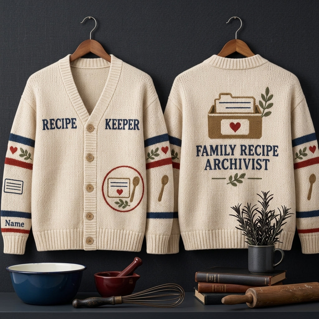 Personalized Family Recipe Collector Knitted Cardigan – Gift for Home Cooks - mockup 3