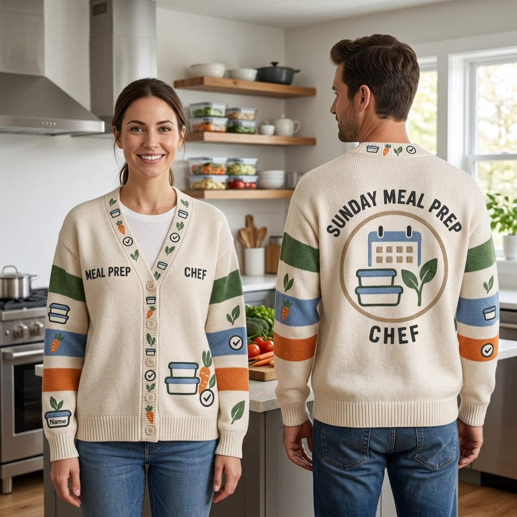 Personalized Sunday Meal Prep Chef Knitted Cardigan - Gift for Home Cooks - mockup 1