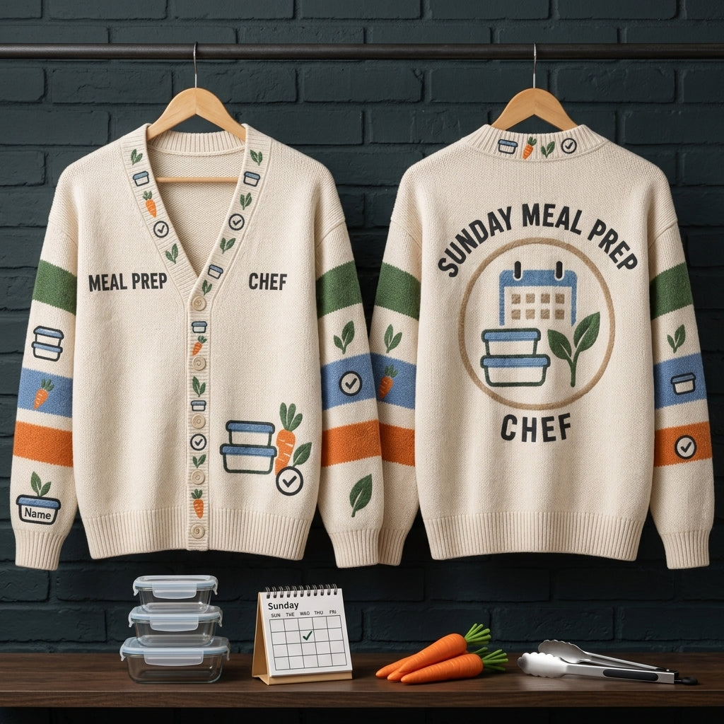 Personalized Sunday Meal Prep Chef Knitted Cardigan - Gift for Home Cooks - mockup 3