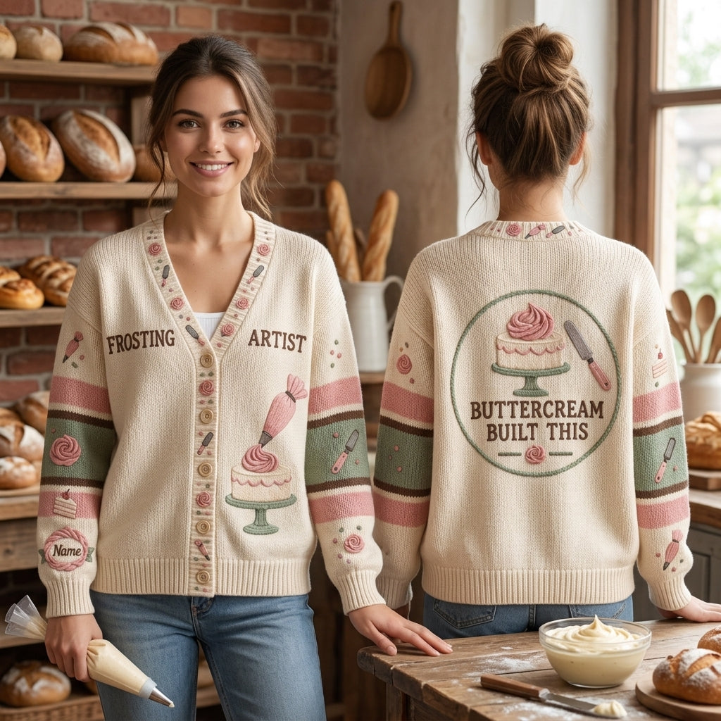 Personalized Frosting Artist Cake Decorator Knitted Cardigan – Baker Gift - mockup 1
