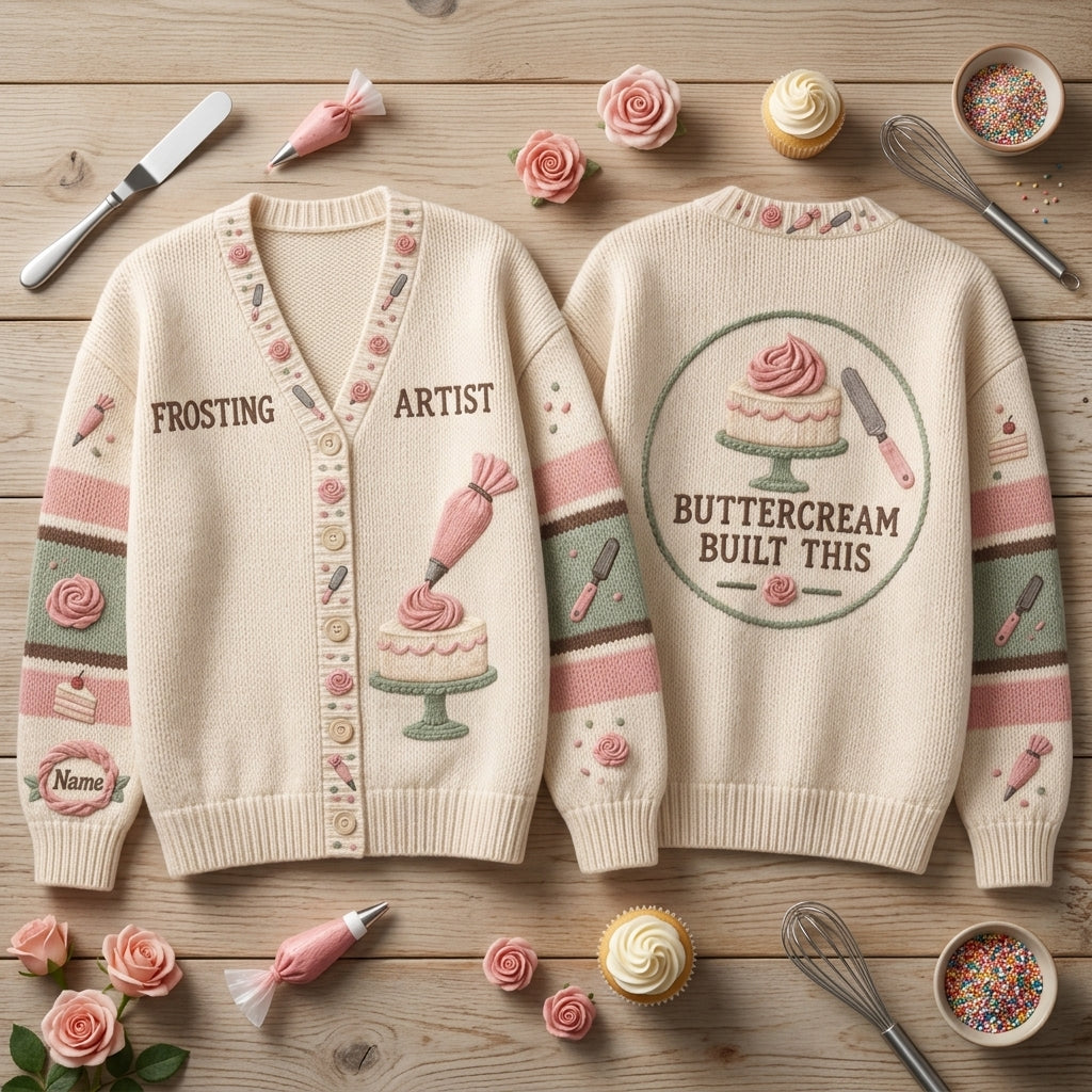 Personalized Frosting Artist Cake Decorator Knitted Cardigan – Baker Gift - mockup 2
