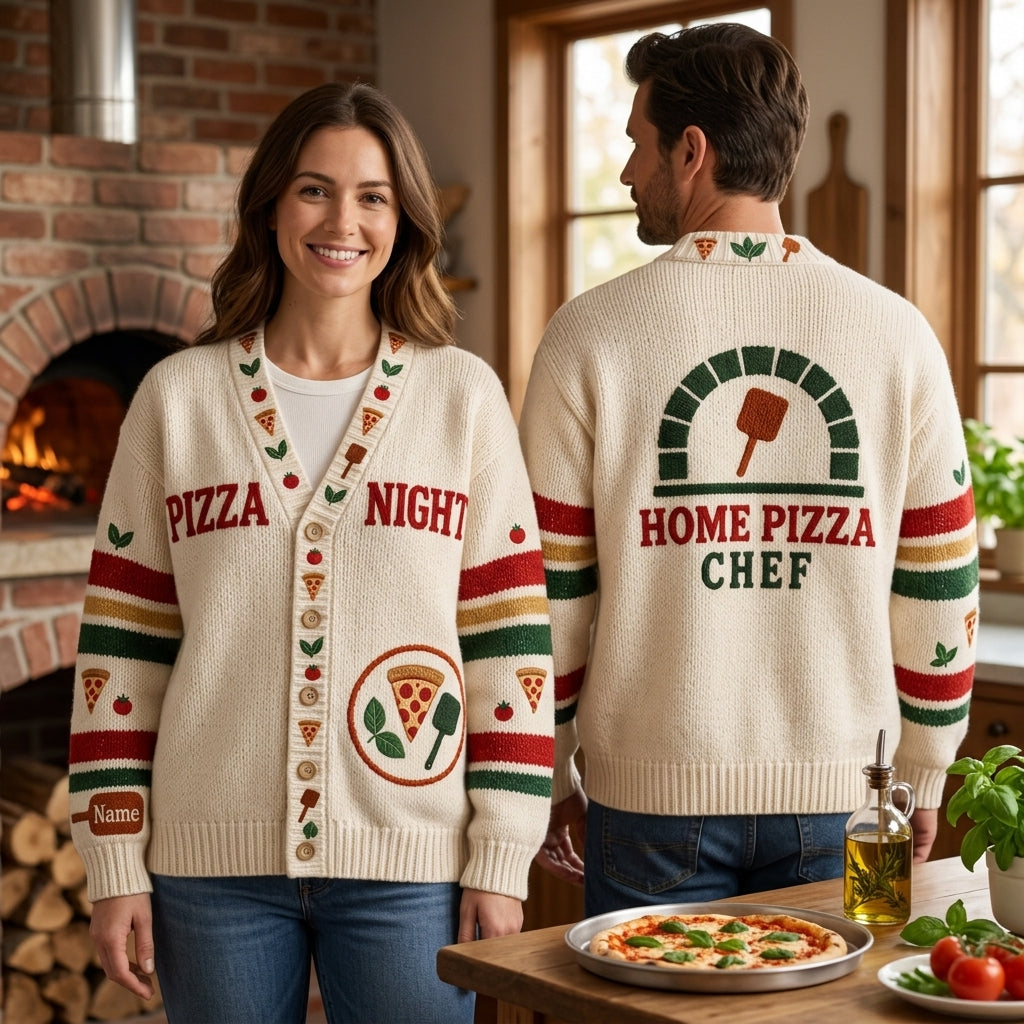 Custom Pizza Night Home Chef Knitted Cardigan - Personalized Gift for Pizza Lovers - mockup 1