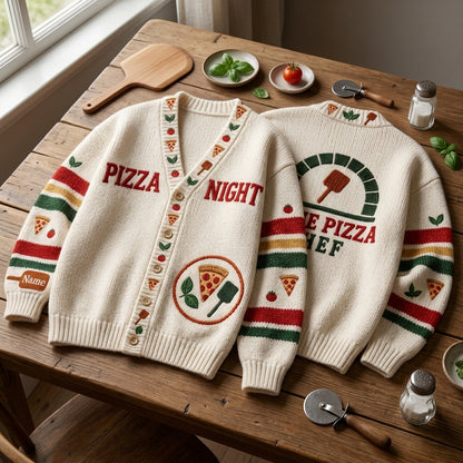 Custom Pizza Night Home Chef Knitted Cardigan - Personalized Gift for Pizza Lovers - mockup 2