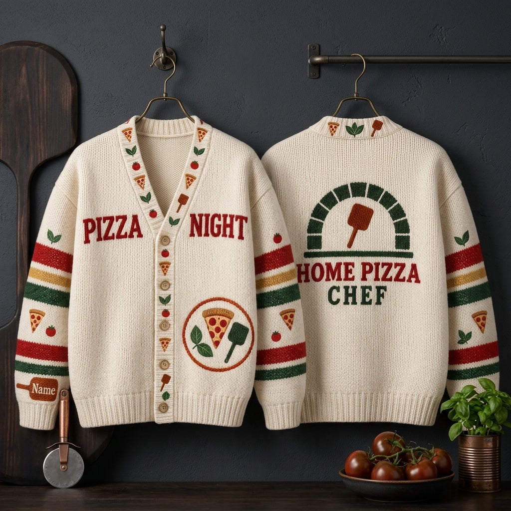 Custom Pizza Night Home Chef Knitted Cardigan - Personalized Gift for Pizza Lovers - mockup 3