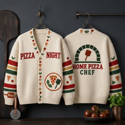 Custom Pizza Night Home Chef Knitted Cardigan - Personalized Gift for Pizza Lovers - mockup 3