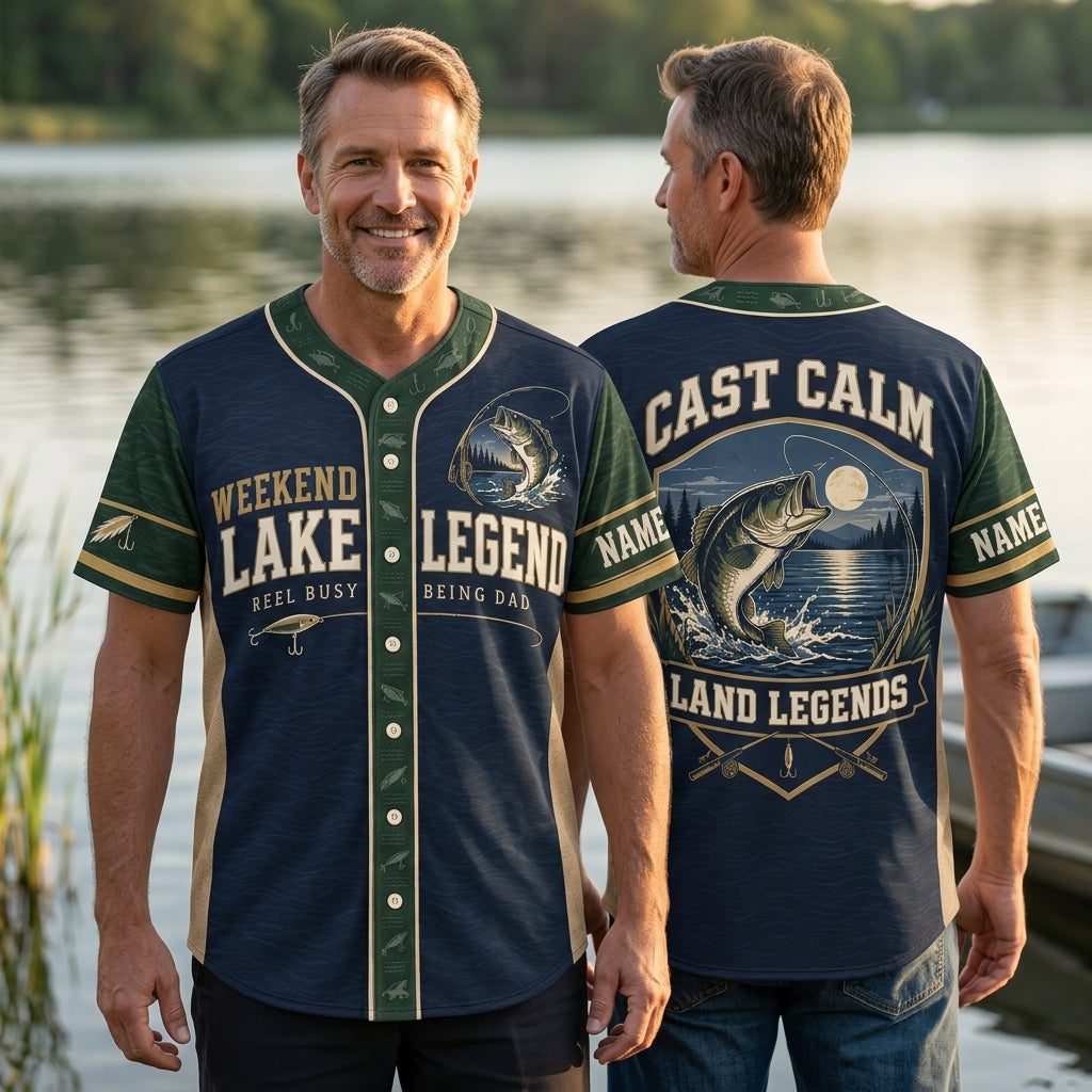 Custom Bass Fishing Dad Baseball Jersey - Weekend Lake Legend Gift - mockup 1