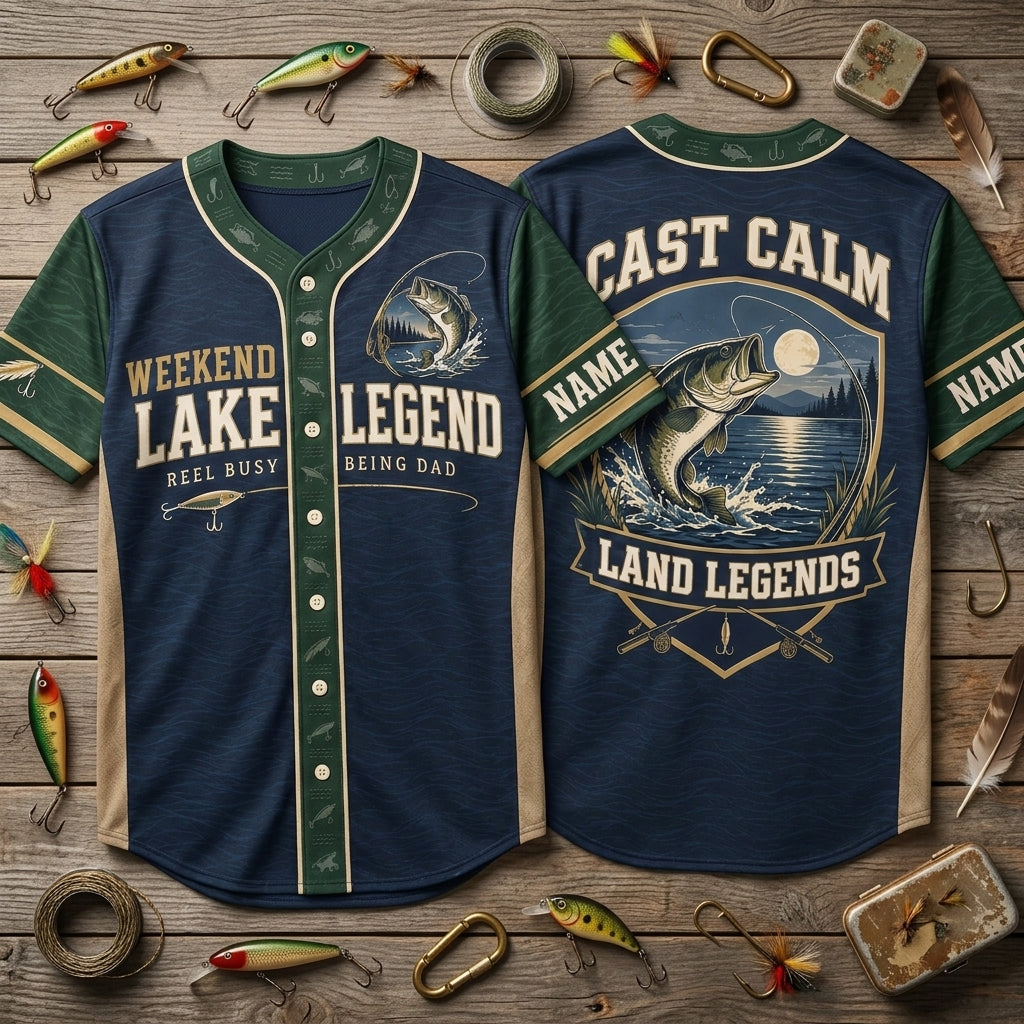 Custom Bass Fishing Dad Baseball Jersey - Weekend Lake Legend Gift - mockup 2