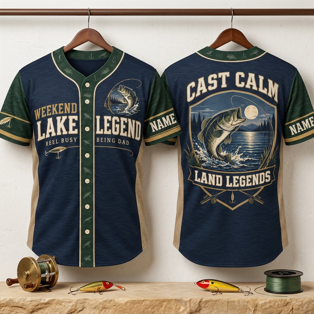 Custom Bass Fishing Dad Baseball Jersey - Weekend Lake Legend Gift - mockup 3