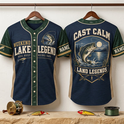 Custom Bass Fishing Dad Baseball Jersey - Weekend Lake Legend Gift - mockup 3