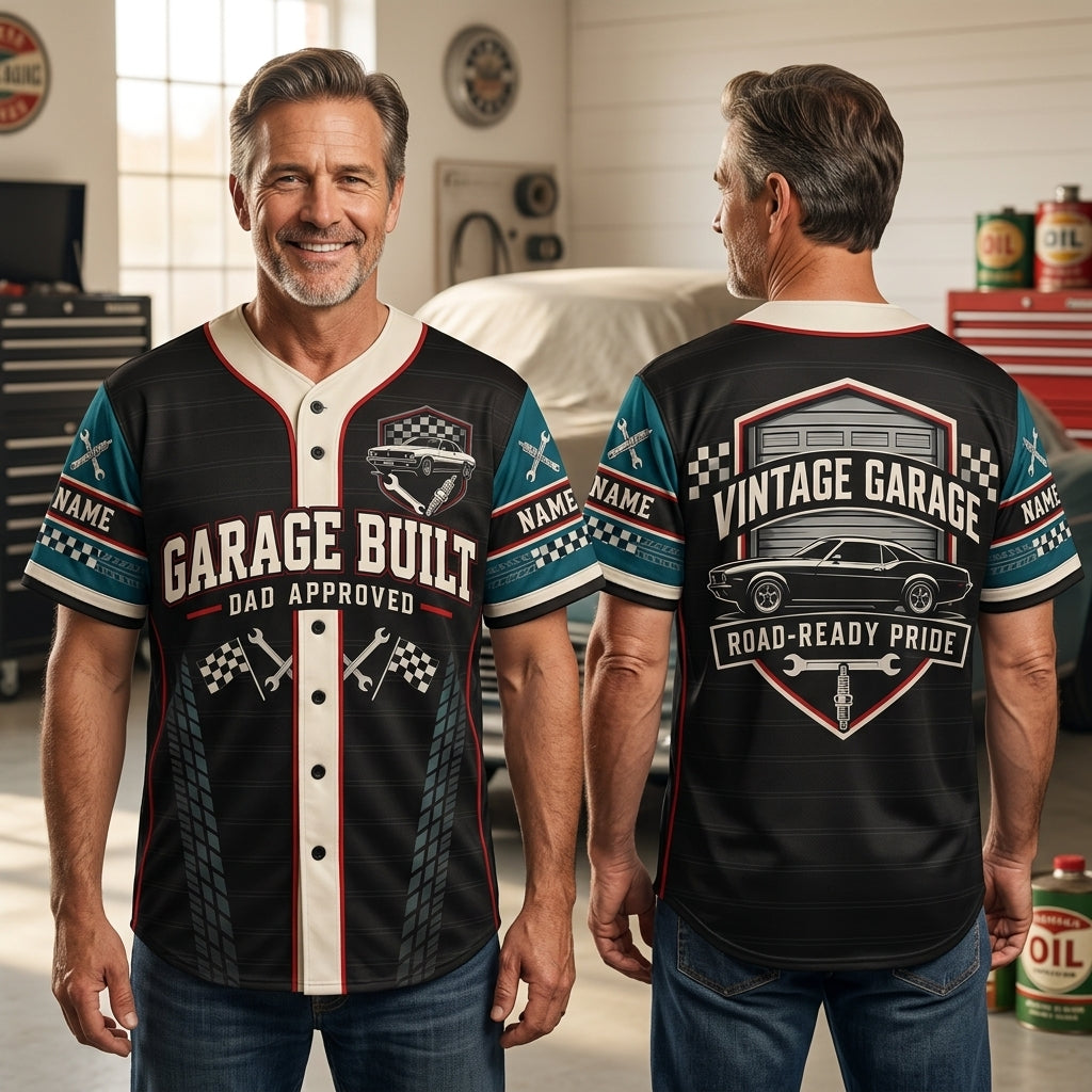 Personalized Classic Car Garage Dad Baseball Jersey – Vintage Muscle Car Gift - mockup 1
