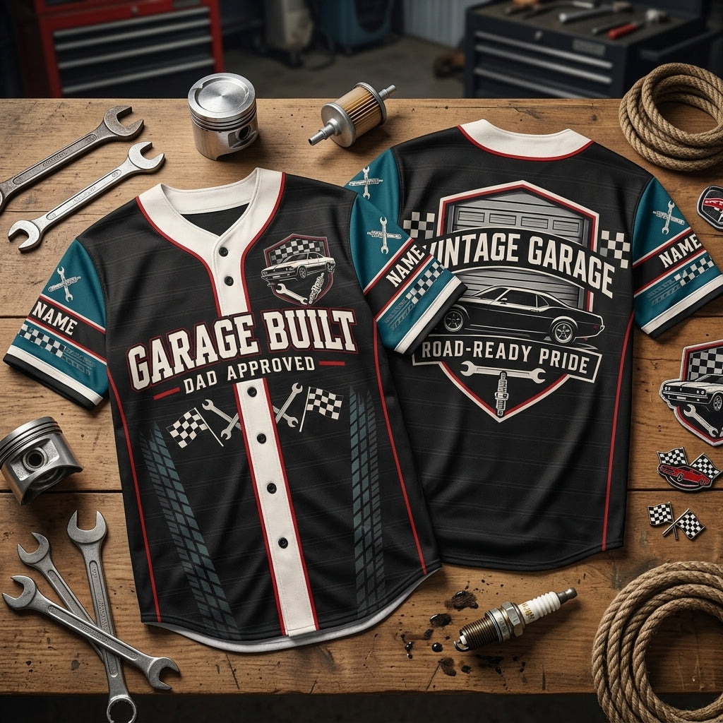 Personalized Classic Car Garage Dad Baseball Jersey – Vintage Muscle Car Gift - mockup 2