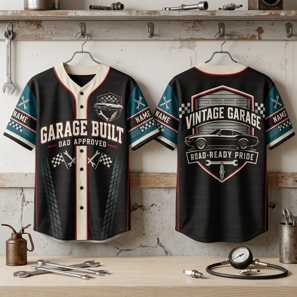 Personalized Classic Car Garage Dad Baseball Jersey – Vintage Muscle Car Gift - mockup 3