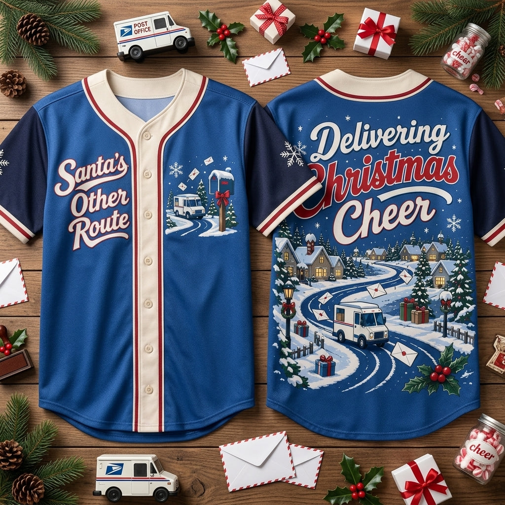 Santa's Other Route Mail Carrier Christmas Route Baseball Jersey - Holiday Postal Gift - mockup 2