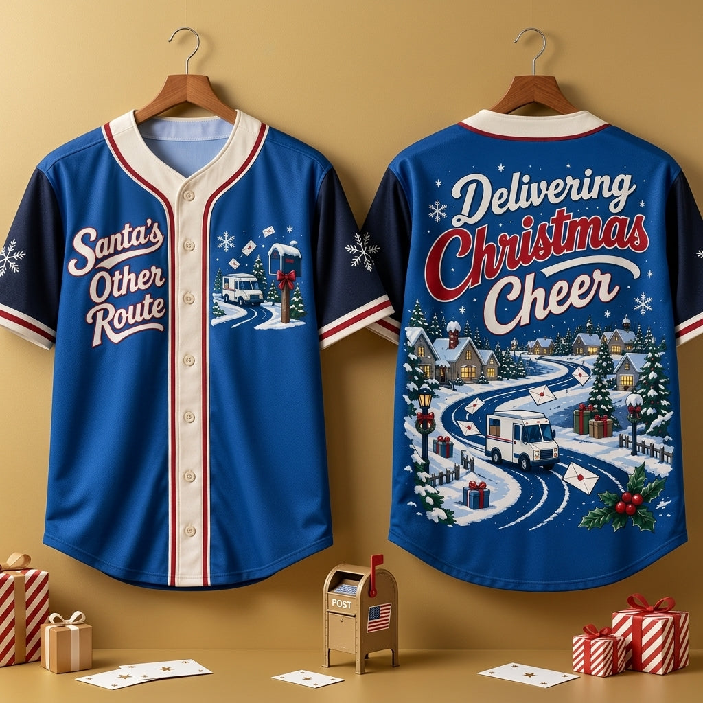 Santa's Other Route Mail Carrier Christmas Route Baseball Jersey - Holiday Postal Gift - mockup 3