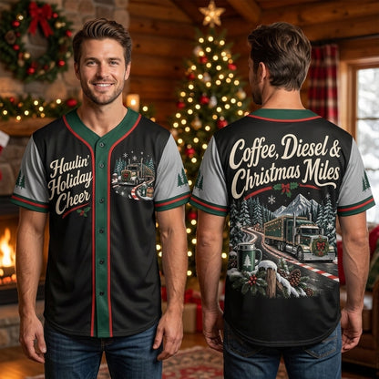Haulin' Holiday Cheer Truck Driver Christmas Road Baseball Jersey – Coffee & Diesel Holiday Gift - mockup 1