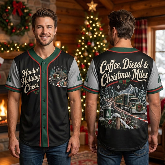 Haulin' Holiday Cheer Truck Driver Christmas Road Baseball Jersey – Coffee & Diesel Holiday Gift - mockup 1