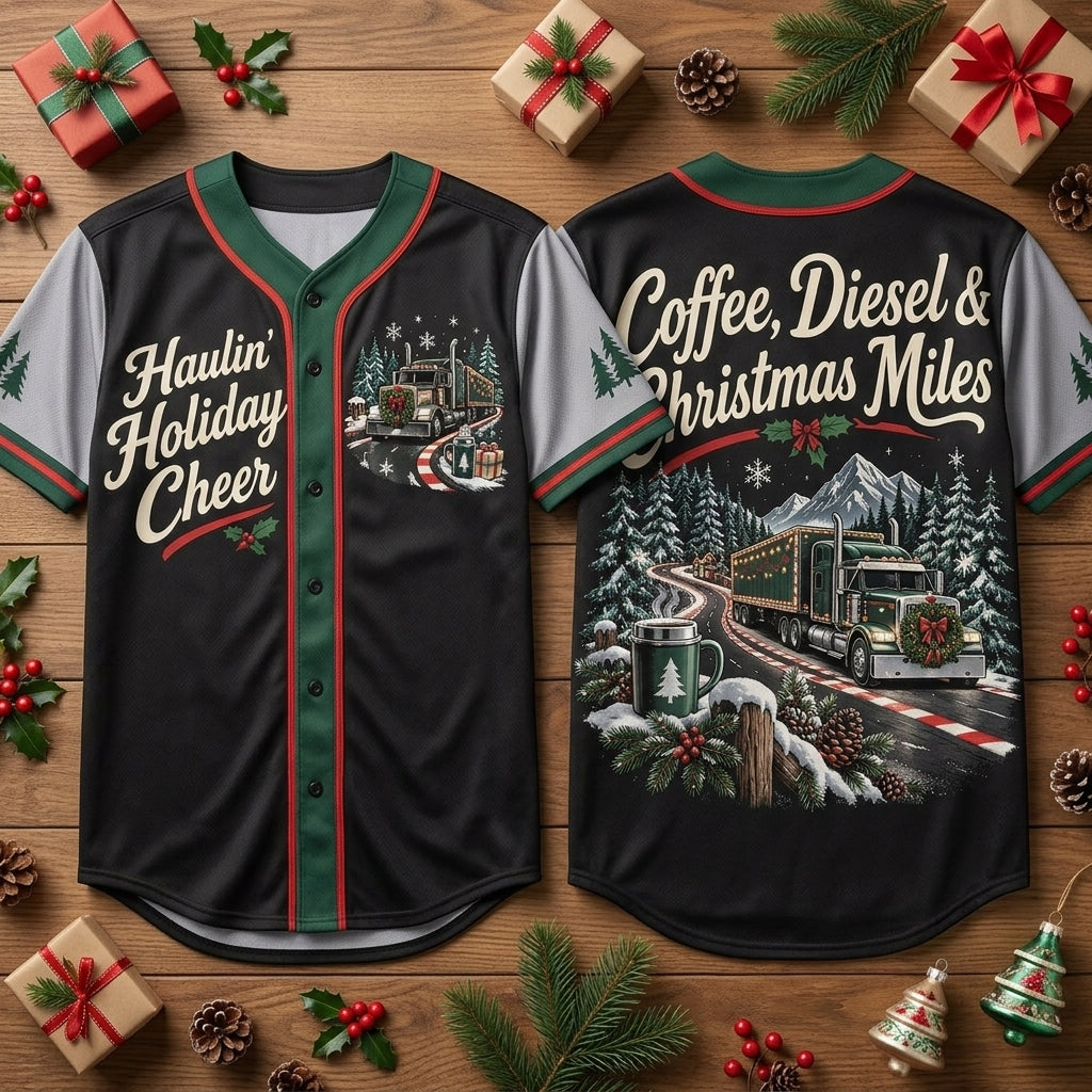 Haulin' Holiday Cheer Truck Driver Christmas Road Baseball Jersey – Coffee & Diesel Holiday Gift - mockup 2