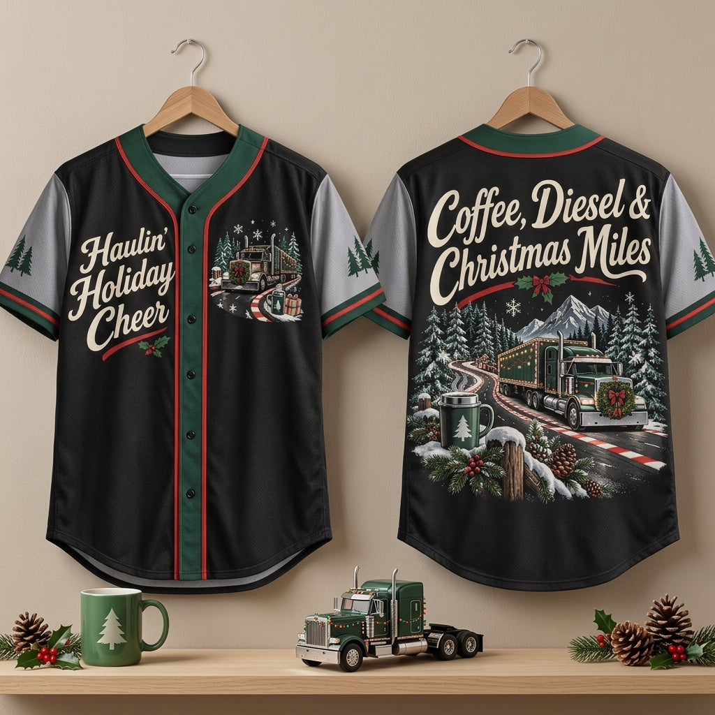 Haulin' Holiday Cheer Truck Driver Christmas Road Baseball Jersey – Coffee & Diesel Holiday Gift - mockup 3