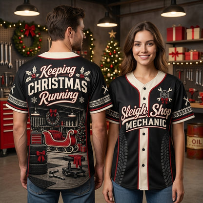Sleigh Shop Mechanic Christmas Garage Baseball Jersey – Festive Auto Shop Gift - mockup 1