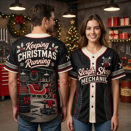 Sleigh Shop Mechanic Christmas Garage Baseball Jersey – Festive Auto Shop Gift - mockup 1
